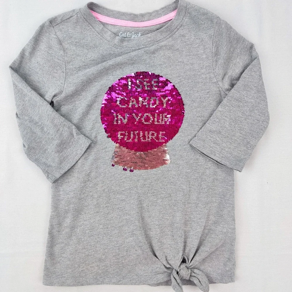 Cat & Jack Shirt Girls S 6/6X Gray Flip Sequin Crystal Ball Side Tie Long Sleeve